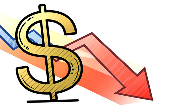 A financial illustration featuring a large gold dollar sign paired with a red downward-trending arrow and background charts, symbolizing currency depreciation or market loss.