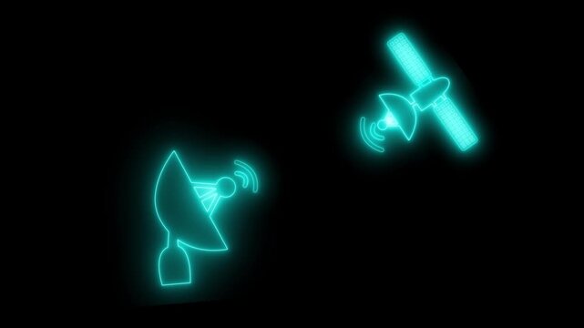 Glowing satellite and dish antenna icons on black background, showing wireless communication animation