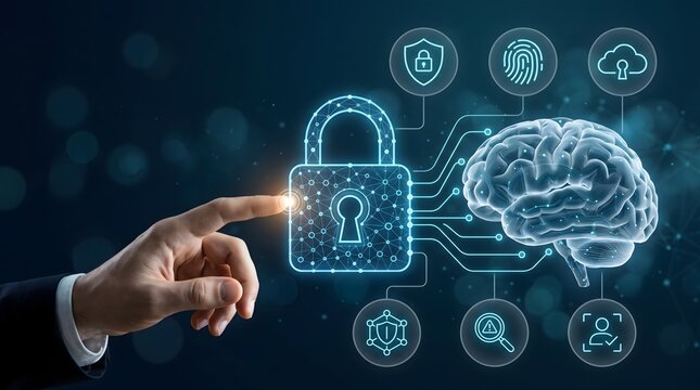 Businessman touches digital padlock connected to glowing brain and security icons