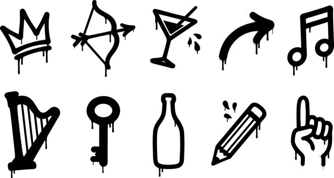 Black graffiti elements set with paint drips crown bow arrow cocktail arrow music note harp key bottle pencil hand icon