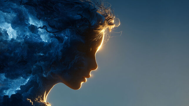 A side profile of a human face is formed by swirling blue mist and luminous light trails, with a warm golden rim light outlining the facial contour against a deep cool blue gradient background.


