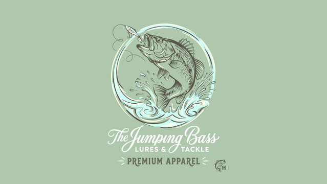 Hand-drawn vintage illustration of a largemouth bass leaping from water to strike a lure, circular emblem design for a fishing tackle shop and outdoor enthusiast premium apparel brand.