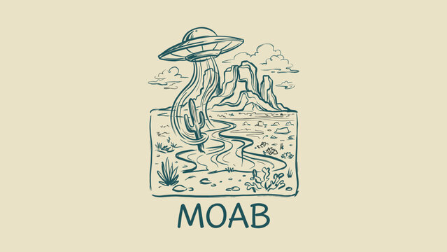 Vintage hand-drawn line art illustration of a UFO flying saucer abducting a saguaro cactus in the Moab Utah desert landscape featuring majestic mesas buttes winding paths and clouds.