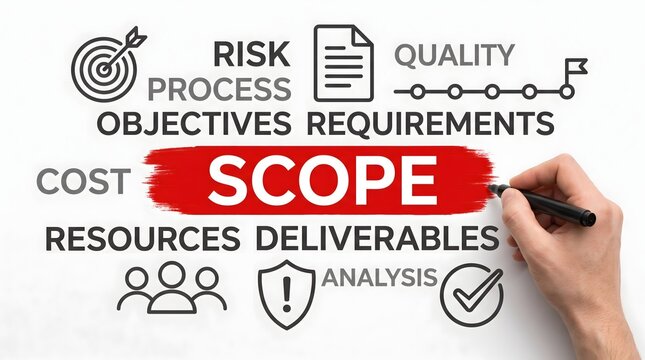 Business scope definition with icons and hand holding marker