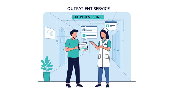 Patient consulting with nurse at outpatient clinic reception, digital health record on tablet