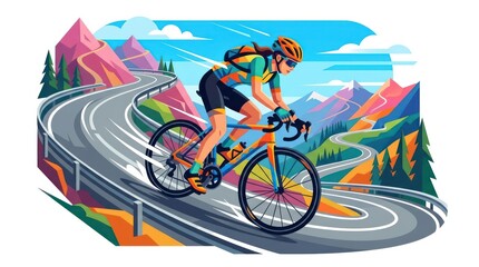 Fototapeta premium Cyclist riding downhill on mountain road. Professional athlete cycling on winding path.