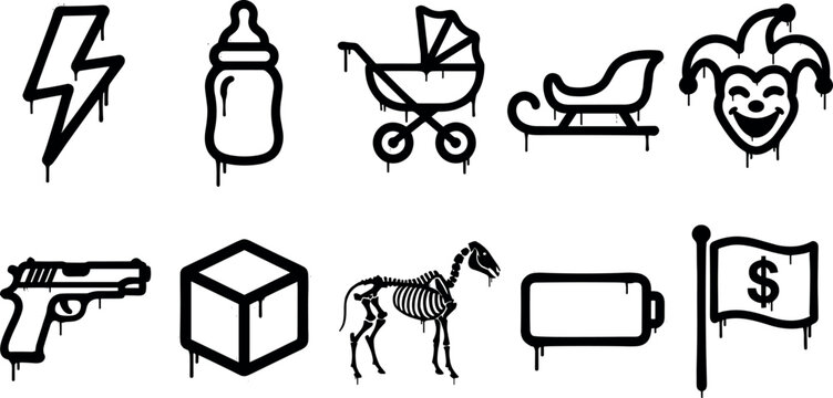 Black graffiti style icons set with lightning bolt baby stroller pistol gun jester skull battery and dollar flag vector elements