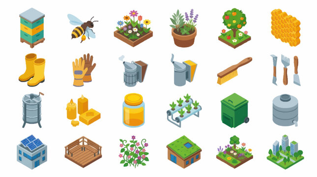 Colorful Isometric Icons of Gardening and Farming Tools and Items.