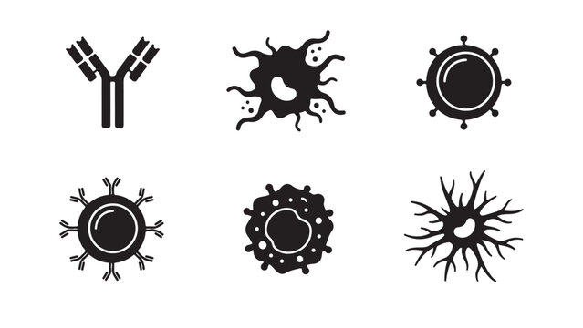 Immune System Cells and Molecules Icons - Antibody, Virus, Macrophage, Lymphocyte