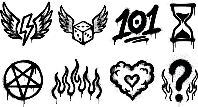 Urban graffiti tattoo stencil elements set including winged dice pentagram hourglass fire heart and lightning bolt vector icon collection