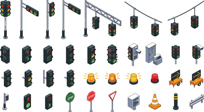 Isometric Traffic Light and Road Sign Vector Icon Set for City Infrastructure Design