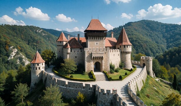 Majestic Medieval Castle Fortress on Hillside with Dramatic Mountain Landscape