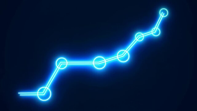 Time lapse animated line graph rising with glowing nodes on dark digital background blue neon data trend visualization