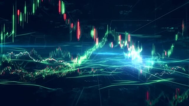 Tracking shot of financial market charts fluctuating and pulsing across holographic digital interface in cyberspace