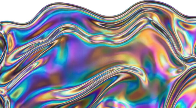 Iridescent metallic fluid wave texture with rainbow interference patterns for digital and 3D rendering shader gradient isolated on transparent background