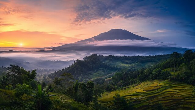 Berikut format siap-pakai sesuai kolom yang ada di form submit Adobe Stock:

Title
Majestic volcanic mountain landscape at sunrise in Sumatra Indonesia with misty peak and tropical rice fields