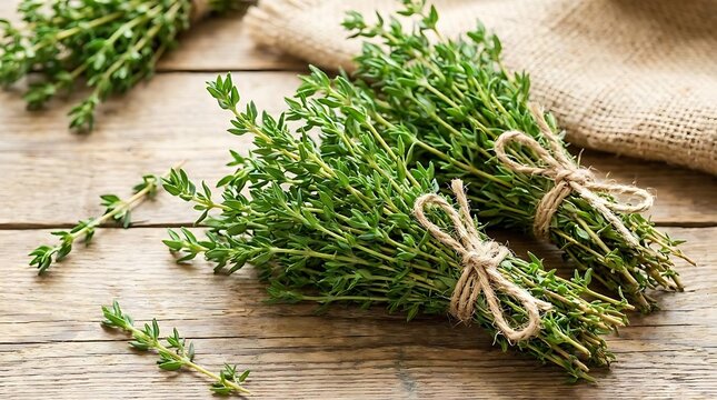 Fresh green thyme bundles on rustic wooden surface