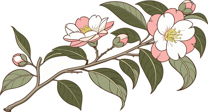 A botanical of a flowering camellia branch with soft pink and white petals, green leaves, and buds on a white background