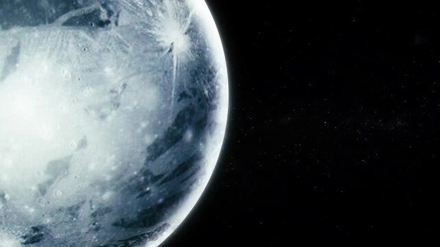 Close view of an icy planet or moon against a dark space background