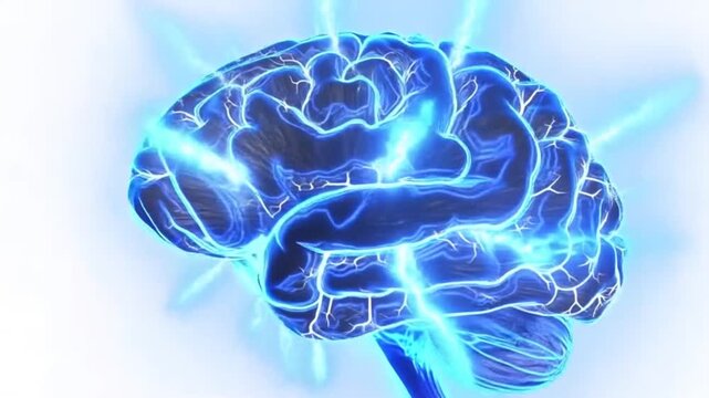 Time lapse zoom in of animated brain illuminating with electrical activity and neural signals in medical illustration on white background