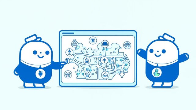 Zoom out tracking shot of mascots presenting and pointing at digital map on tablet board in minimal studio