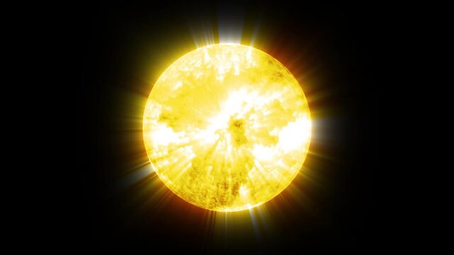 Bright glowing sun on a dark background with strong light rays and warm yellow energy