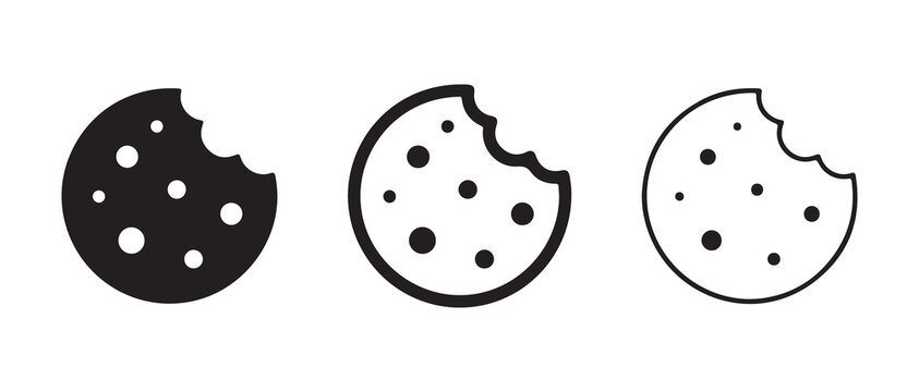 Delicious chocolate chip cookie graphics with bite marks shown in simple line art style isolated on transparent background