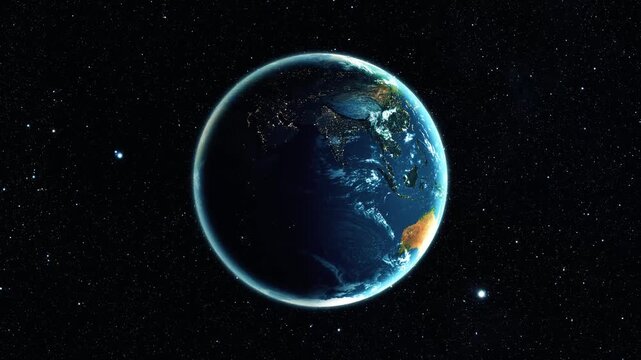 Glowing earth floating in dark space with stars, showing a view of the planet from orbit