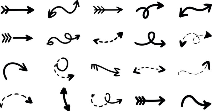 Hand Drawn Arrow Vector Icon Set Doodled Directional Arrows Curved and Dashed Lines Collection