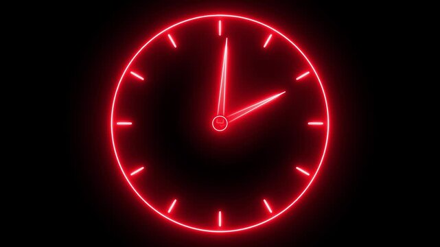 Glowing neon red color clock icon animation watch stopwatch timer circle wall clock clock dial fast minute hours icon seamless effect footage on black background	