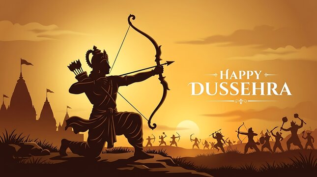 Lord rama aiming bow at dussehra celebration at sunset with dussehra, festival