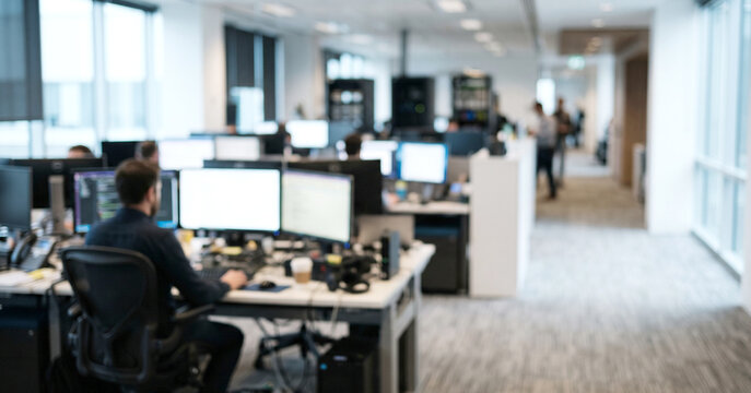 A modern office space with employees working at desks. Multiple computer screens are visible, showcasing a collaborative workspace environment.