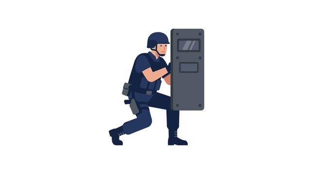 Police officer in tactical gear crouches behind a protective riot shield while maintaining a defensive position during a security operation.