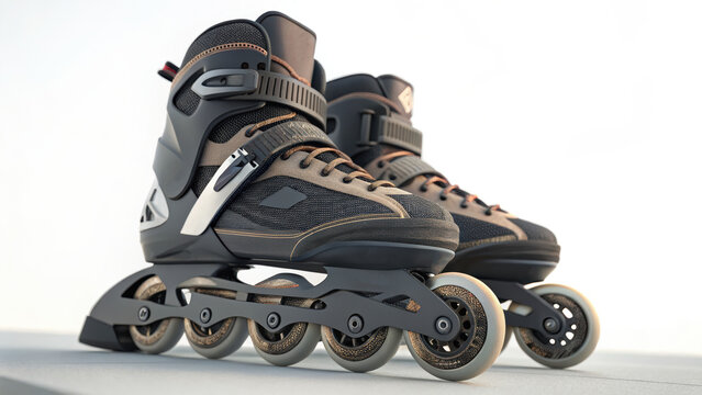 A pair of black and brown inline skates, also known as rollerblades, on a light background