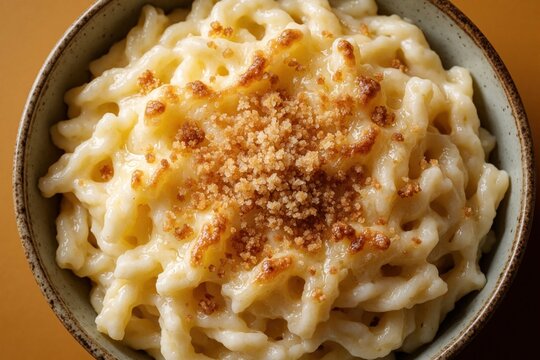 Bowl of german kaese spaetzle pasta covered in melted cheese and breadcrumbs. This hearty comfort food dish looks warm and inviting, perfect for a cozy meal.