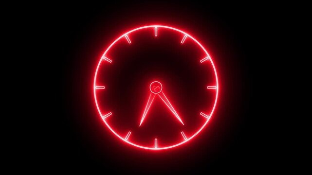 Glowing neon red color clock icon animation watch stopwatch timer circle wall clock clock dial fast minute hours icon seamless effect footage on black background	
