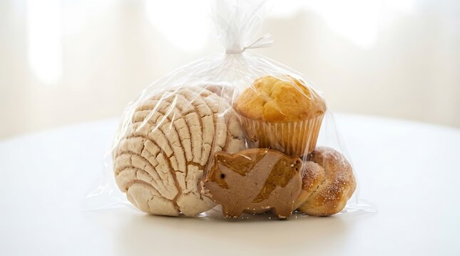 Mexican sweet bread in plastic bag. Concha bun and muffin in clear packaging.