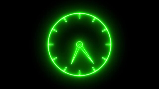 Glowing neon green color clock icon animation watch stopwatch timer circle wall clock clock dial fast minute hours icon seamless effect footage on black background	