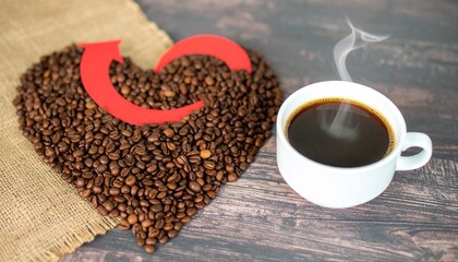 Naklejka premium Cup of coffee with heart shape smoke and coffee beans on burlap sack on old wooden