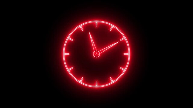 Glowing neon red color clock icon animation watch stopwatch timer circle wall clock clock dial fast minute hours icon seamless effect footage on black background	