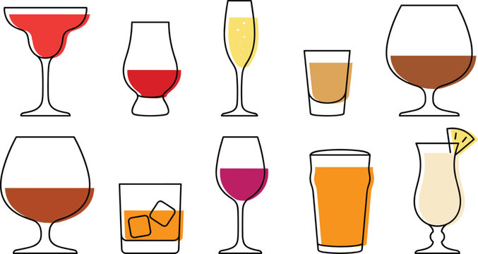 Minimalist line art cocktail and alcoholic drinks vector set featuring wine glass whiskey shot beer pint and margarita illustrations