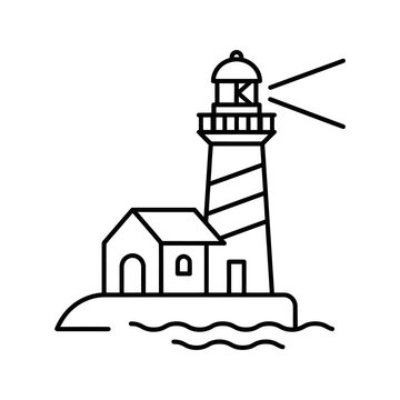 Lighthouse building icon with waves and light beams.
