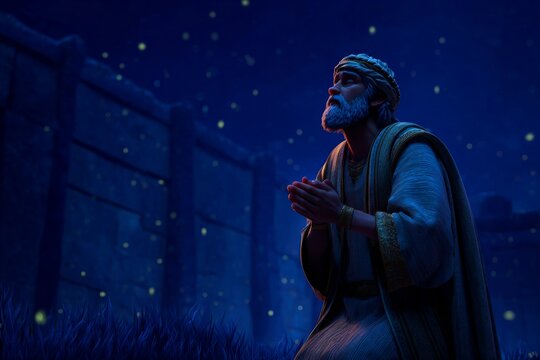 Joshua Kneeling In Prayer Under Starry Night