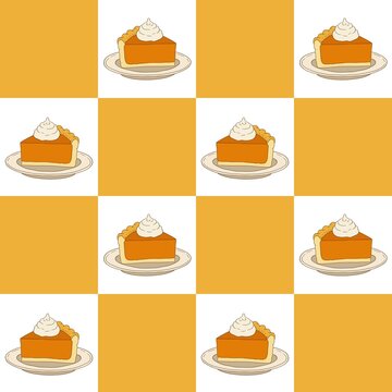 Pumpkin pie seamless pattern. For kitchen decor, food packaging, branding, textiles, wallpaper, wrapping paper, stationery, seasonal designs.