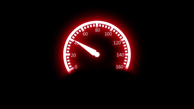 Glowing speedometer dial on a dark background with the needle near low speed animation