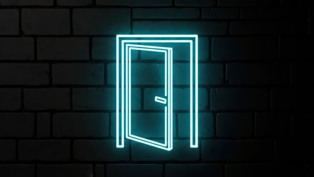 Neon glowing open door icon mounted on a dark brick wall representing opportunities, new beginnings, entry points, and future possibilities for modern business concepts