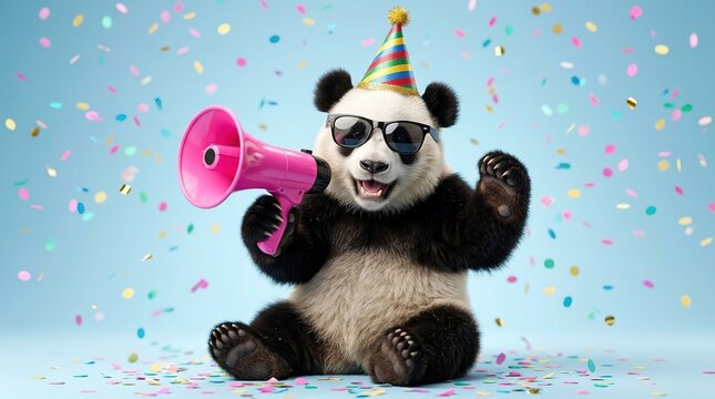 Happy panda wearing party hat and sunglasses holding megaphone with confetti celebrating birthday party event joy fun festive atmosphere with colorful decorations announcement.