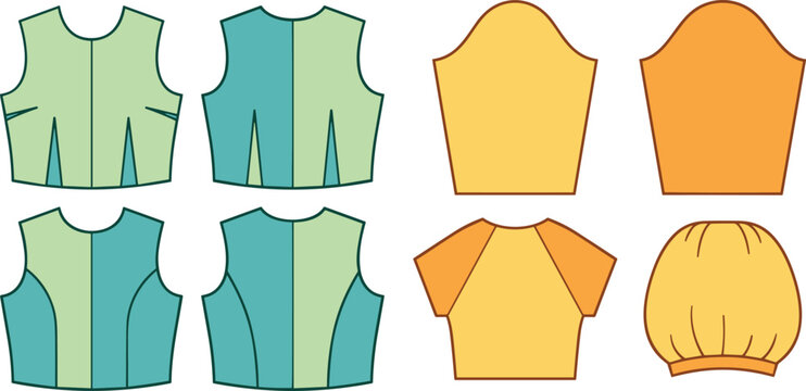 Garment sewing pattern vector set with bodice slopers and sleeve templates for fashion design