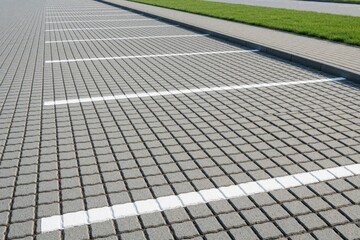 Fototapeta premium Empty parking area paved with grey interlocking stones and white lines. Green grass borders the walkway next to the car spots. Modern outdoor urban ground surface.