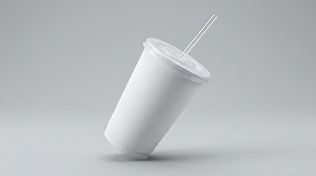 Blank white paper cup for cold drinks with a clear plastic straw floating in the air for branding. fountain soda cup